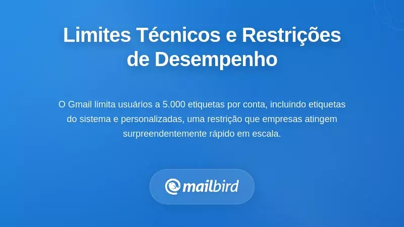 Painel de limites de etiquetas do Gmail mostrando restrições técnicas para equipas em crescimento