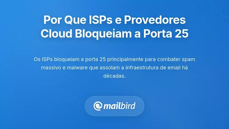 Diagrama mostrando por que os ISPs bloqueiam a porta 25 para prevenir spam e proteger redes de e-mail