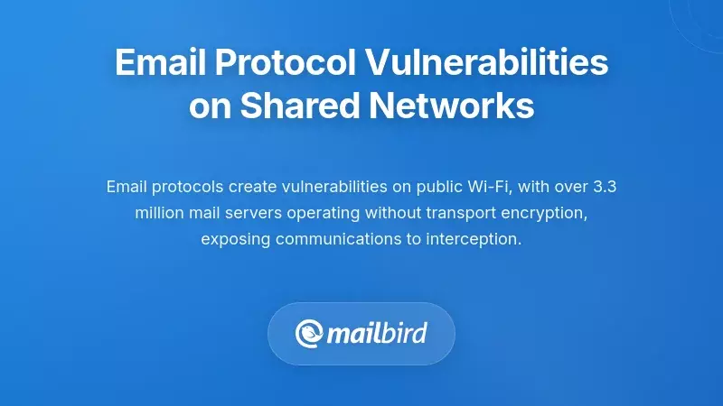 Diagram showing email protocol vulnerabilities and encryption weaknesses on shared Wi-Fi networks