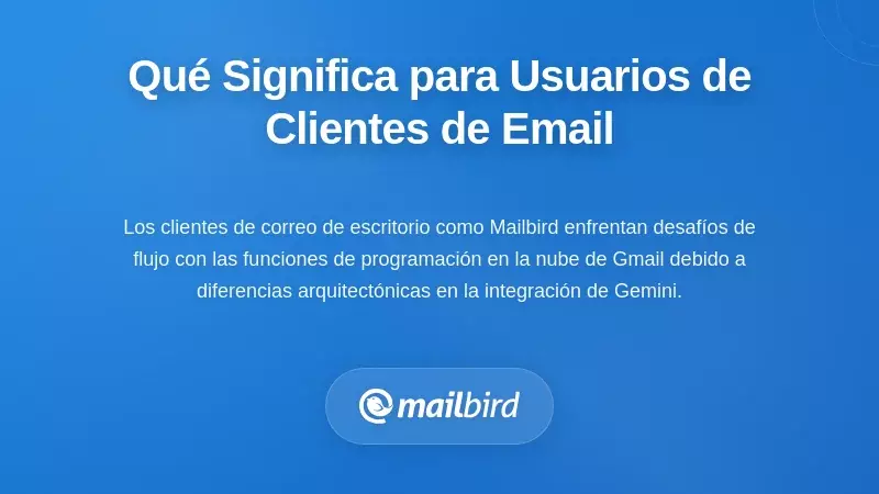 Interfaz de cliente de correo de escritorio mostrando limitaciones de compatibilidad con la función de programación de Gmail
