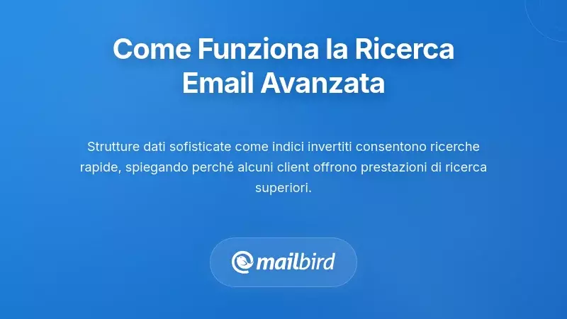 Tecnologia di ricerca avanzata nelle email che mostra indicizzazione dei dati e algoritmi di ricerca per trovare allegati