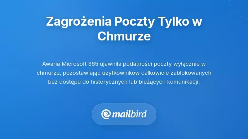 Schemat awarii infrastruktury poczty w chmurze pokazujący przerwany dostęp do poczty i załamanie autoryzacji