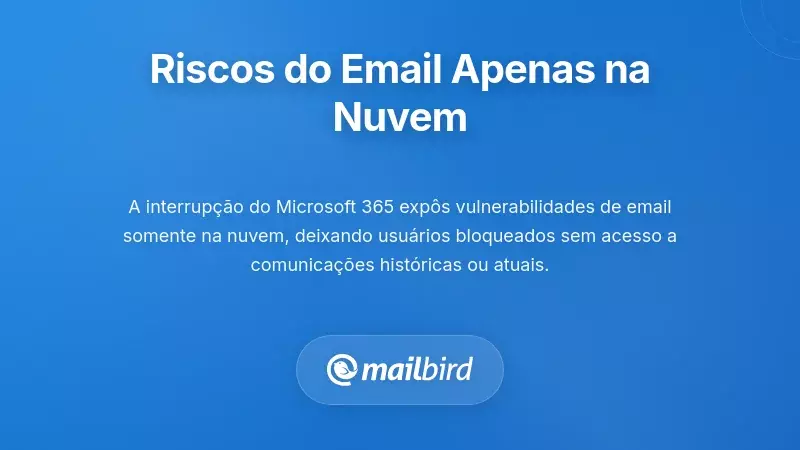 Diagrama de falha da infraestrutura de email na cloud mostrando acesso ao email interrompido e falha na autentica&ccedil;&atilde;o