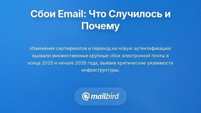 Панель мониторинга сбоя электронной почты, показывающая сбои аутентификации сертификатов и системные ошибки в 2026 году