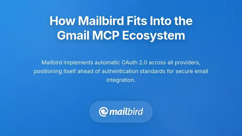 Mailbird email client interface showing Gmail MCP server integration with AI assistant workflow