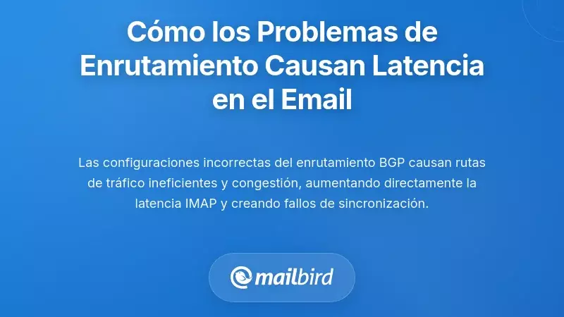 Diagrama de enrutamiento de red que muestra el flujo de tráfico de email y cuellos de botella de latencia IMAP