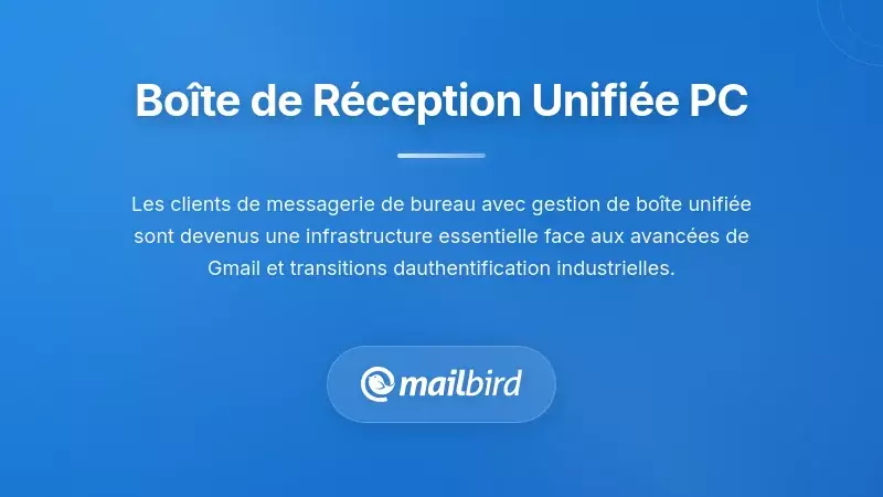 Interface de boîte de réception unifiée affichant plusieurs comptes email gérés dans une vue client de messagerie de bureau unique