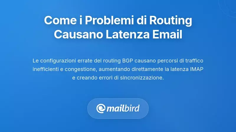 Diagrama di routing di rete che mostra il flusso del traffico email e i colli di bottiglia della latenza IMAP