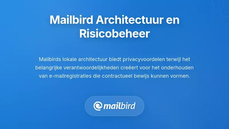 Mailbird e-mailclient interface die lokale gegevensopslag en risicobeheer bij contracten toont