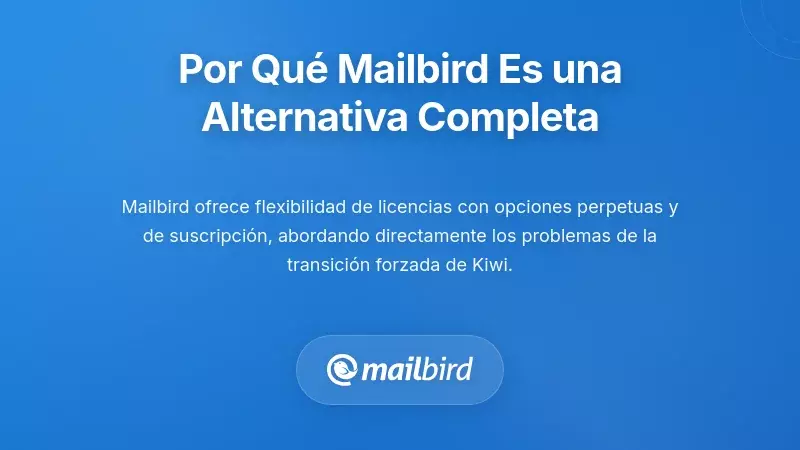 Interfaz del cliente de correo Mailbird mostrando la opci&oacute;n de licencia de por vida y caracter&iacute;sticas