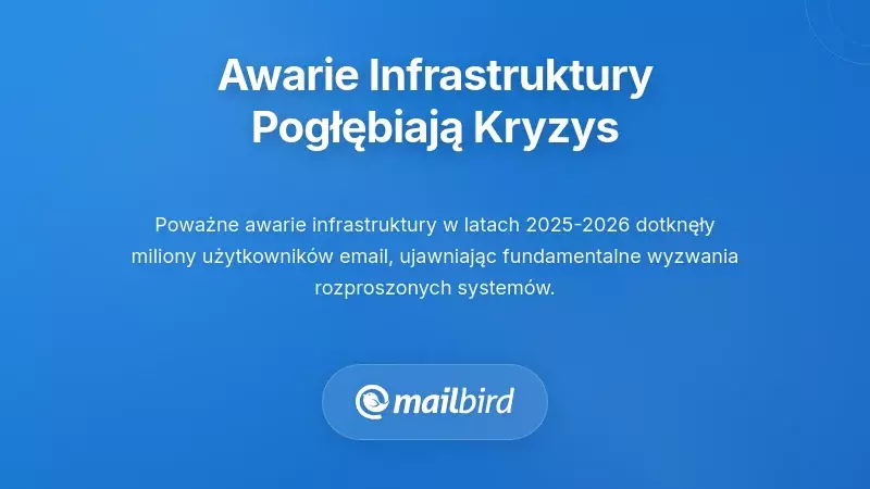 Diagram awarii infrastruktury email pokazujący błędy autoryzacji i problemy z dostarczalnością w latach 2025-2026