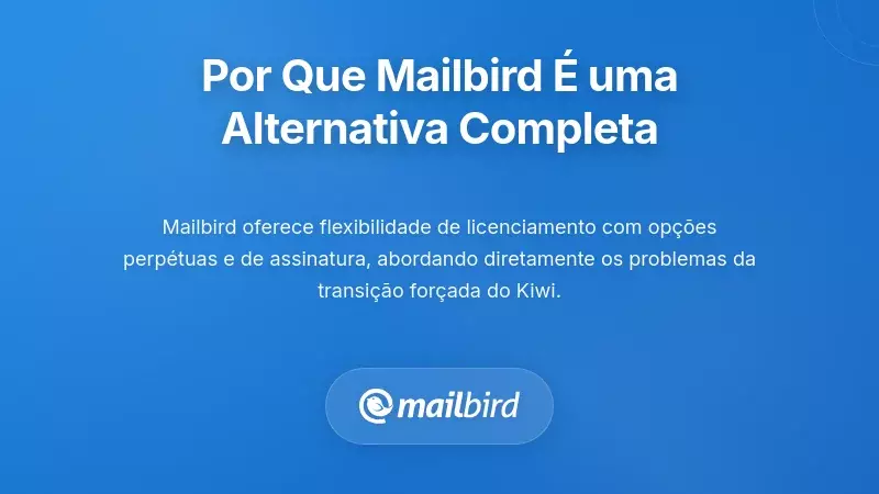 Interface do cliente de email Mailbird mostrando a op&ccedil;&atilde;o de licen&ccedil;a vital&iacute;cia e recursos