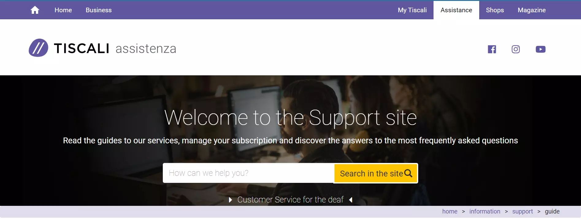 tiscali mail support page