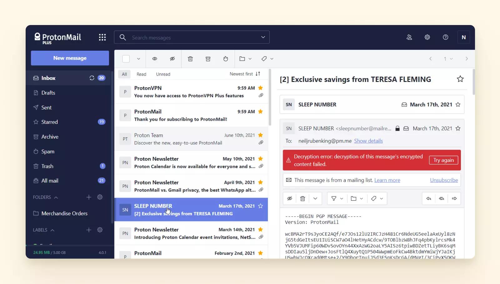 Protonmail three-pane inbox view