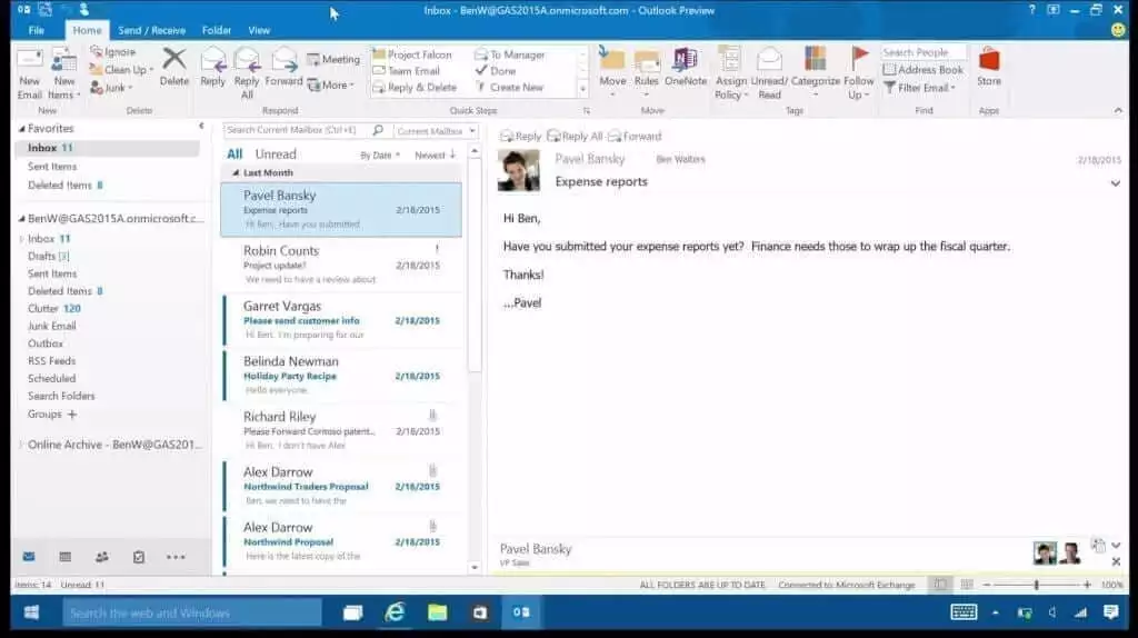 A preview of Microsoft Outlook inbox
