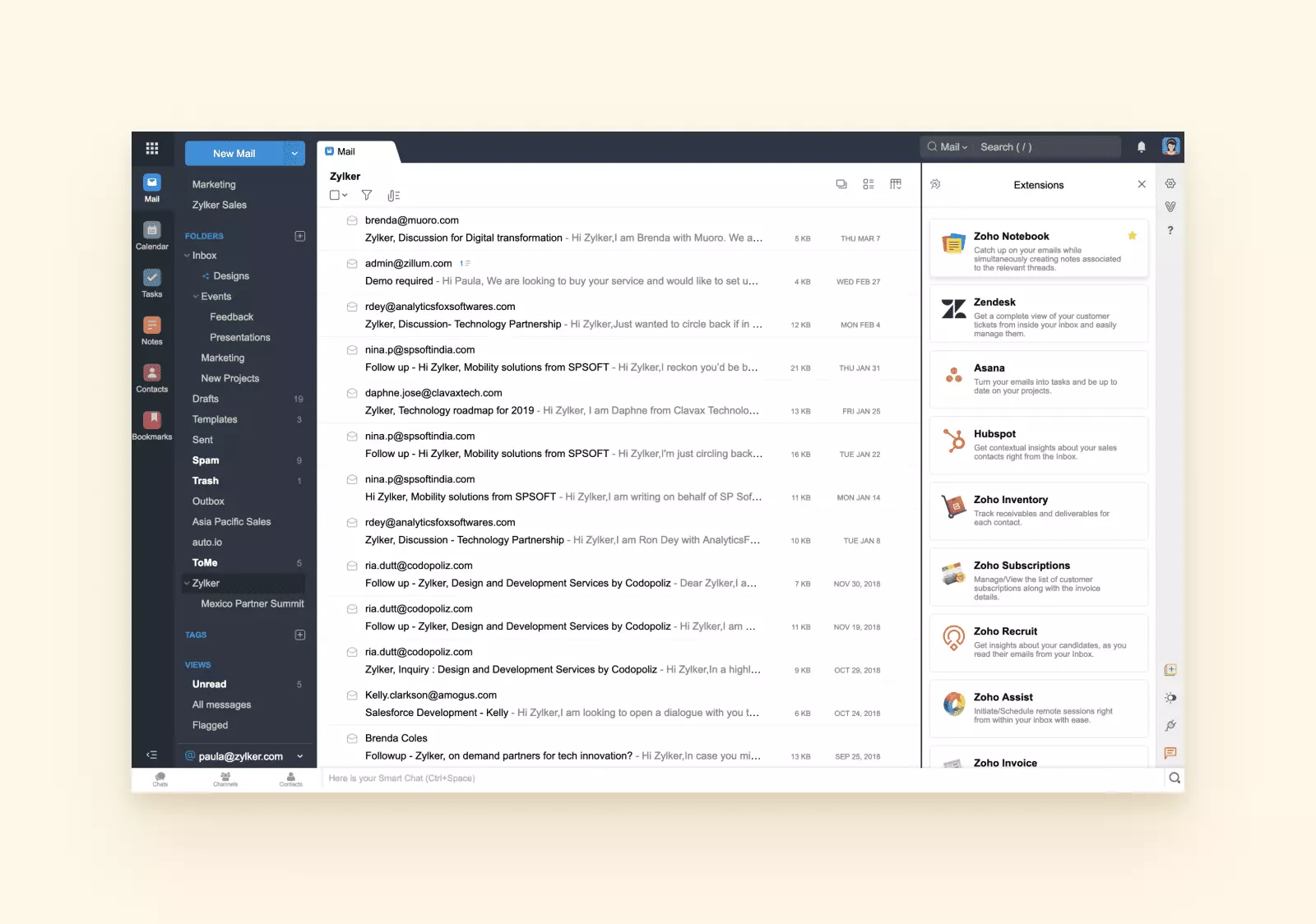 Zoho mail inbox layout