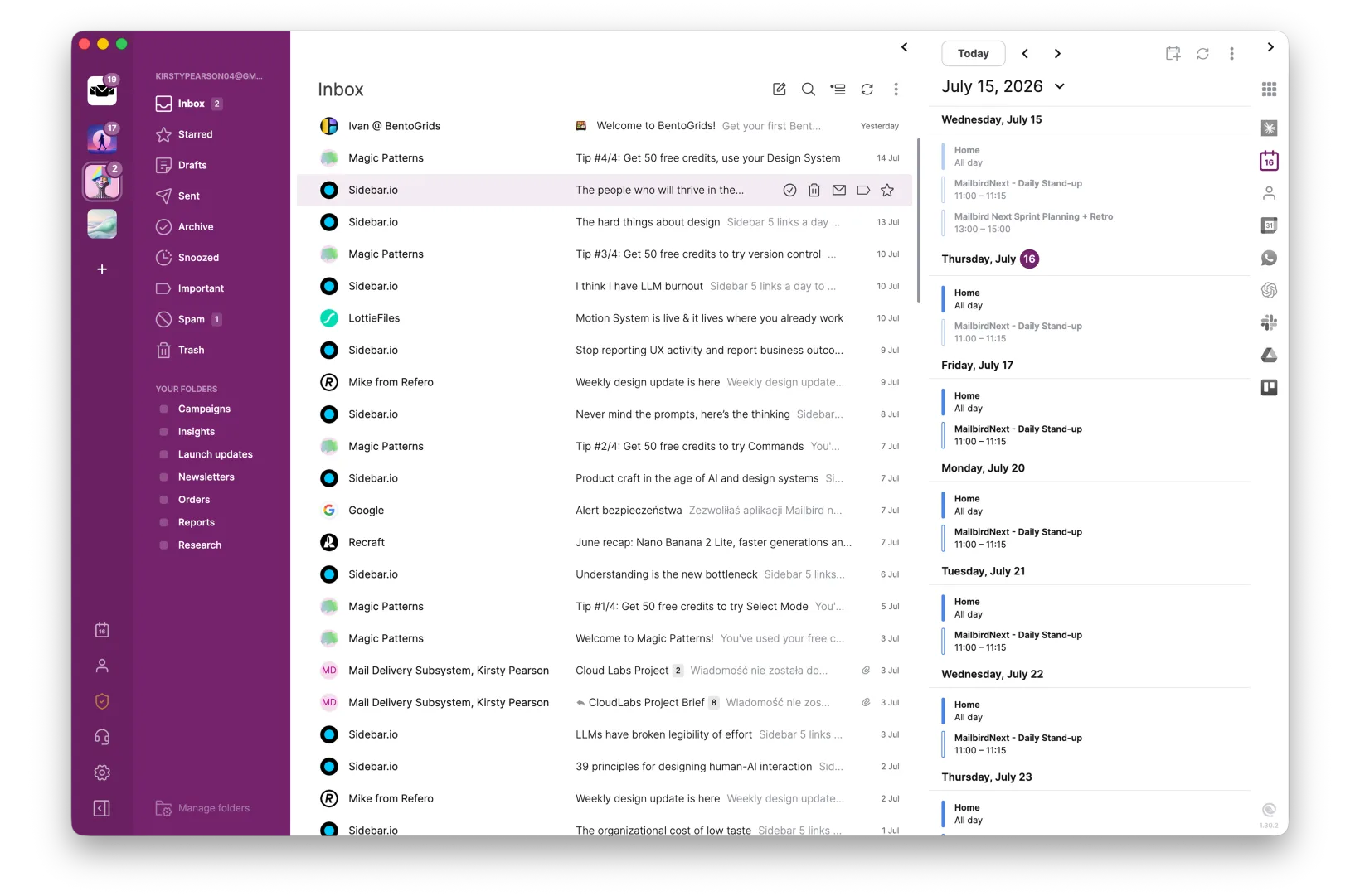 Mailbird Next on Mac showing a unified inbox with folders and the calendar side panel