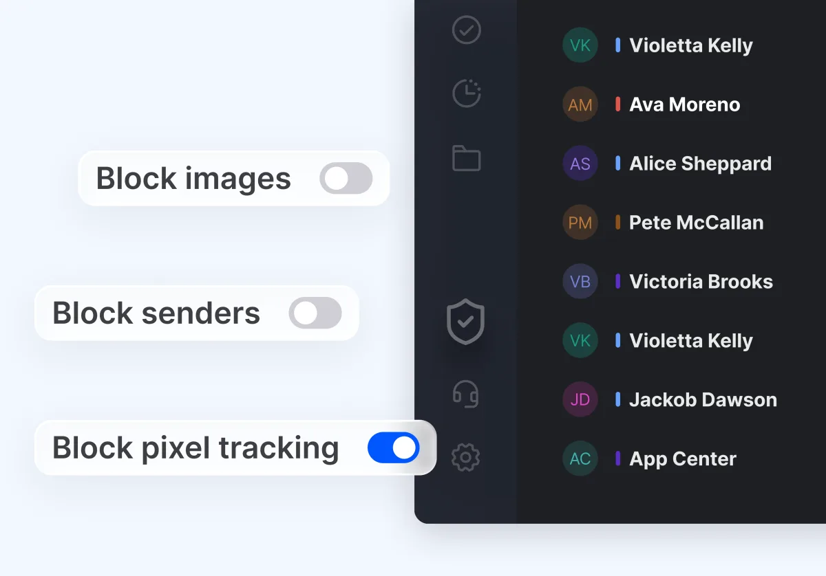 Mailbird Next Privacy Hub with options to block images, block senders, and block pixel tracking