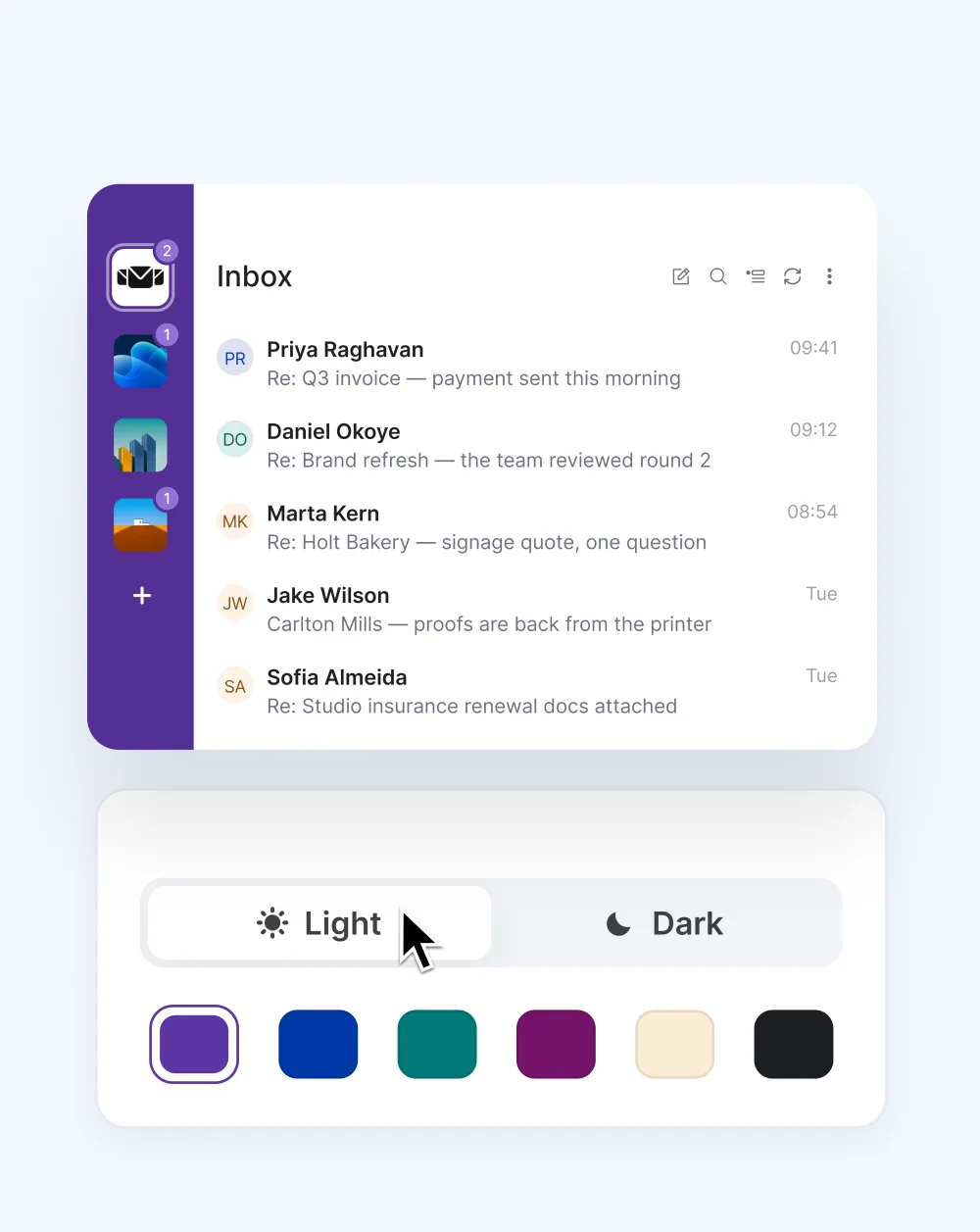 Mailbird Next theme picker with light and dark modes and color themes