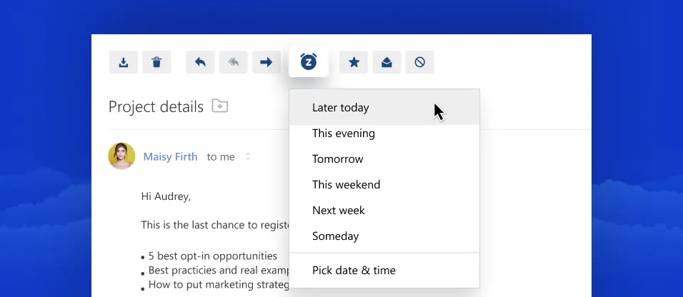 Snooze distracting emails to clean up your inbox when using toucansurf.com