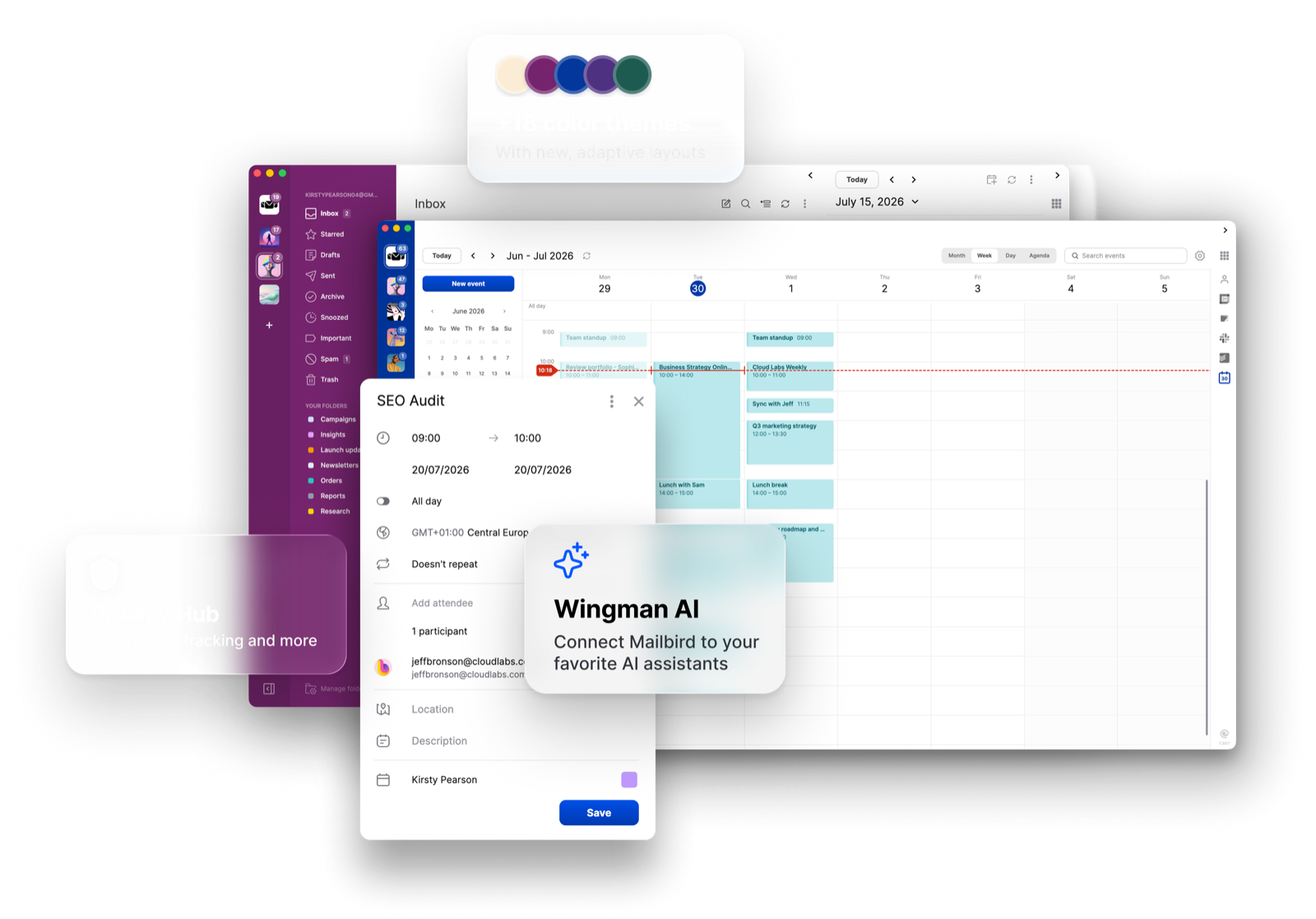 Mailbird inbox, calendar, Privacy Hub, and Wingman AI interface