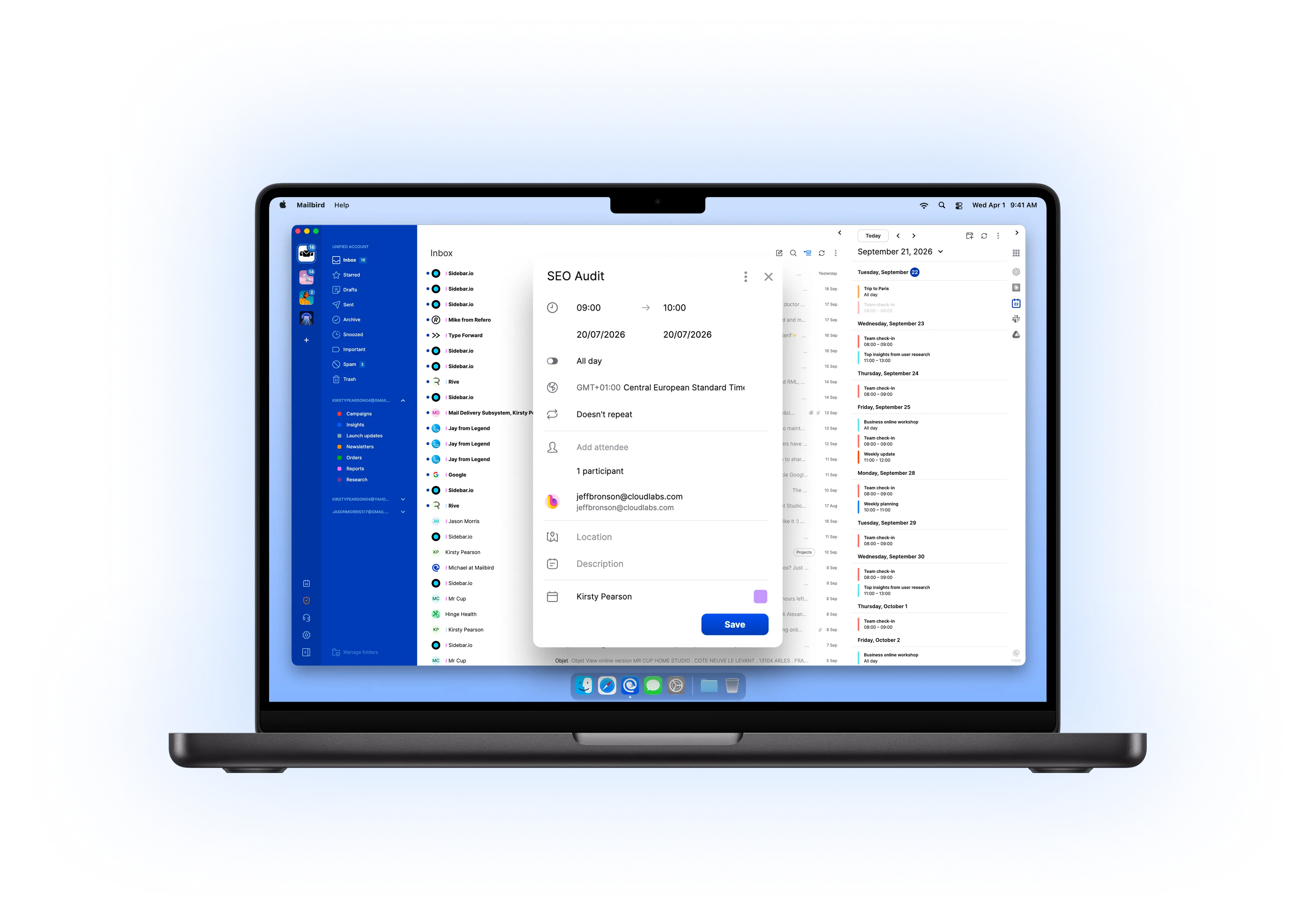 La posta in arrivo e il calendario di Mailbird Next visualizzati su un laptop
