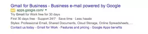 Un annuncio pubblicitario Google Ad mostrato assieme ai risultati di ricerca per gmail