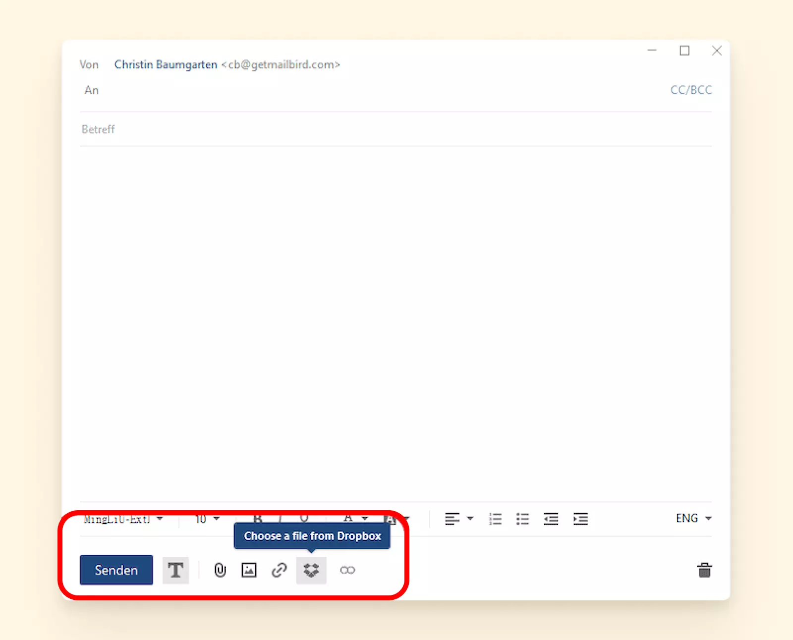 Dropbox integration placement when creating a new email in Mailbird