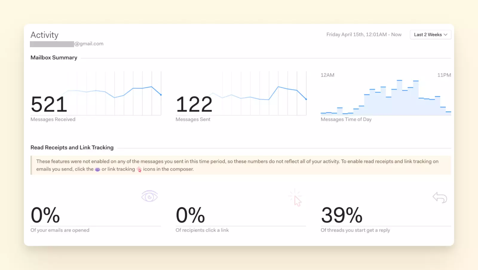 Mailspring performance dashboard with email activity graphs