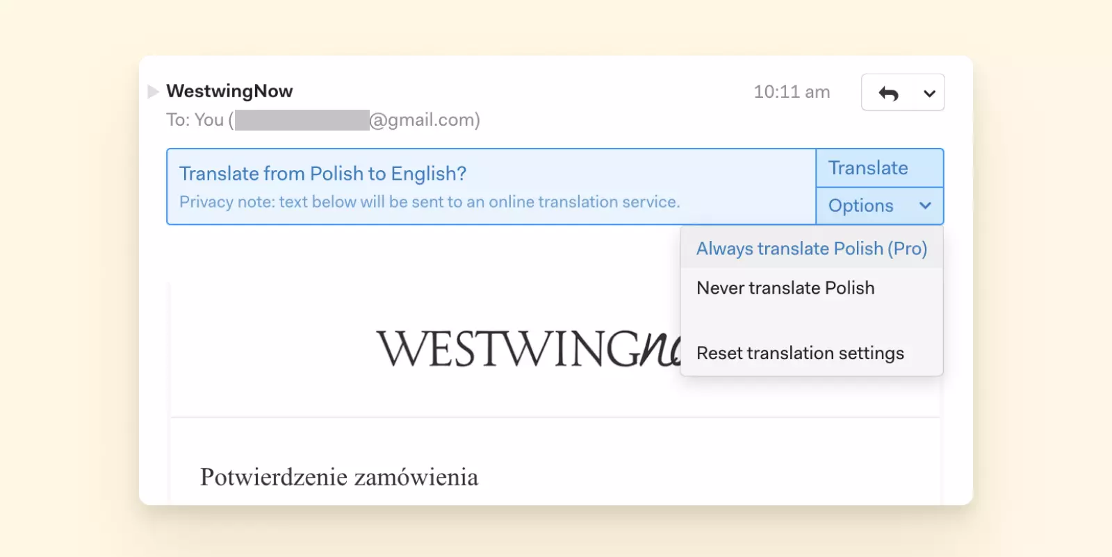 Mailspring's in-built translation tool