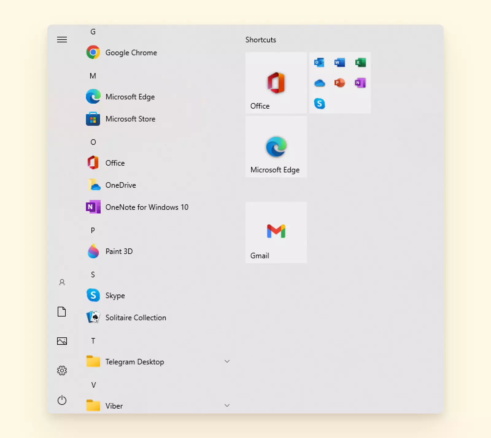 Windows start menu with Gmail shortcut