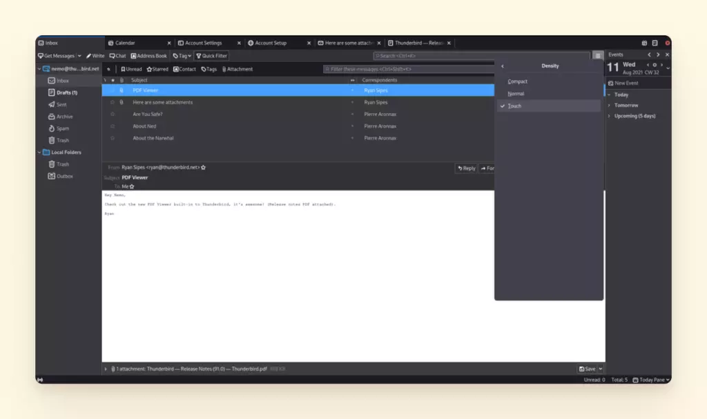 Thunderbird darkmode interface - альтернатив Outlook