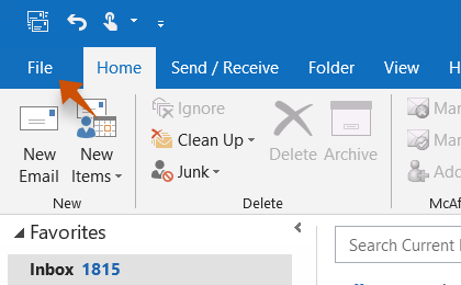 Step 1: To configure XFINITY Email on Outlook, Click on the File tab in the upper-left corner of the Outlook window.