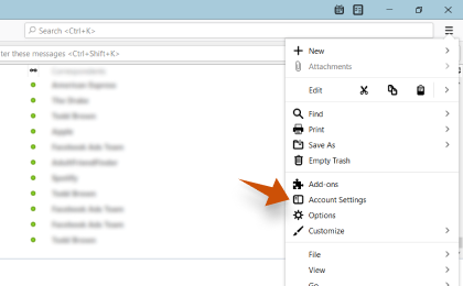 Step 1: To configure toucansurf.com on Thunderbird, In Mozilla Thunderbird, from the menu select Account Settings