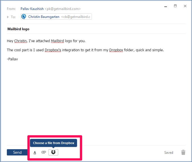 Upload files from Dropbox to Mailbird email