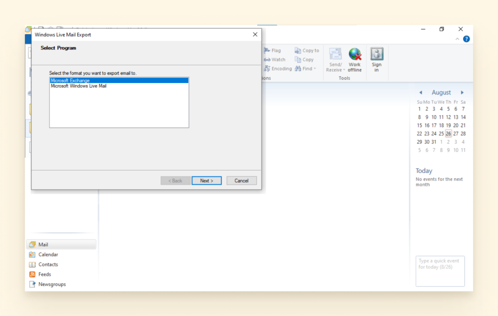 screenshot of export for windows live mail dialogue box