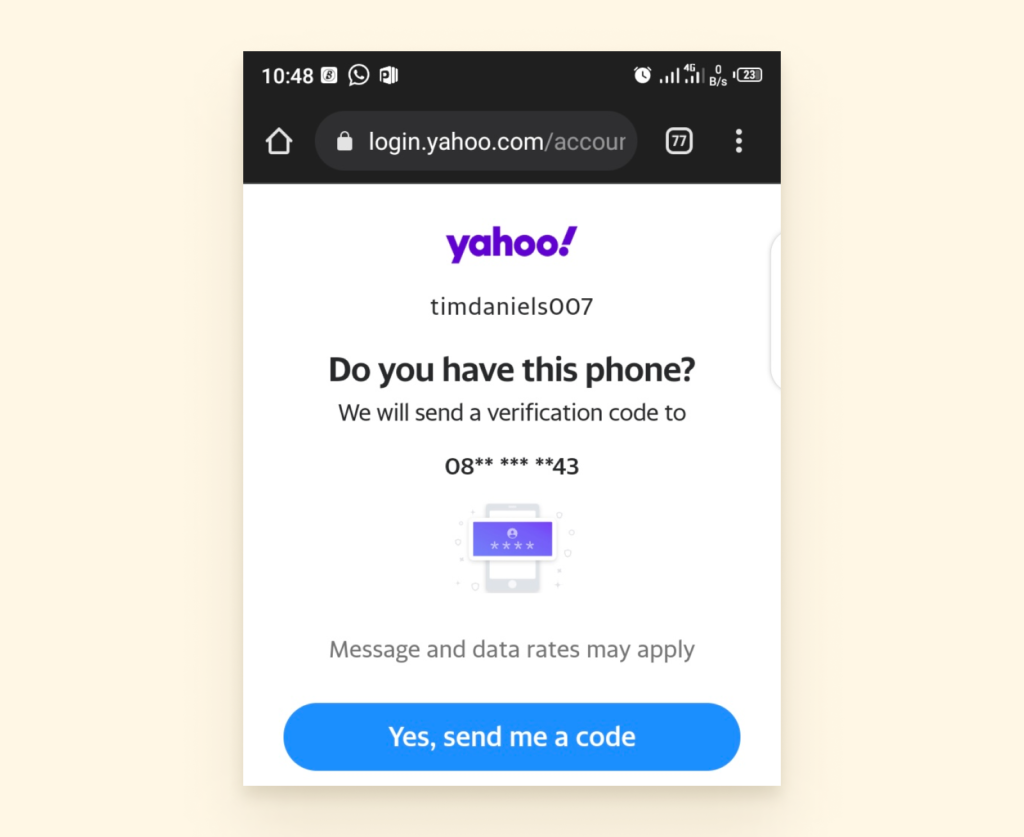 Screenshot of a phone verification code prompt from Yahoo