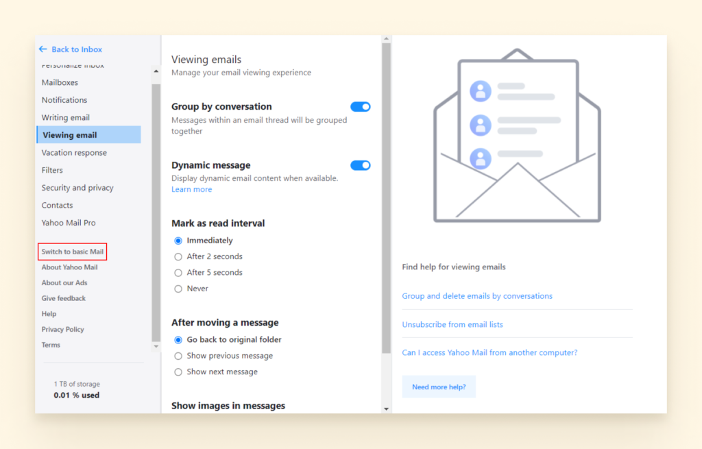 screenshot of how to switch from basic mail to full Yahoo