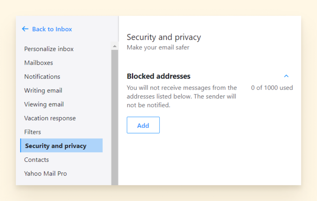 Screenshot showing blocked addresses under security and privacy settings for Yahoo
