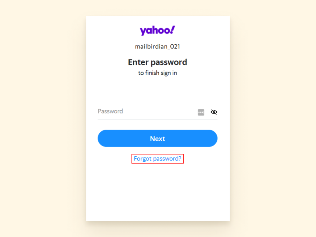Screenshot of where to find 'forgot password ' for Yahoo email
