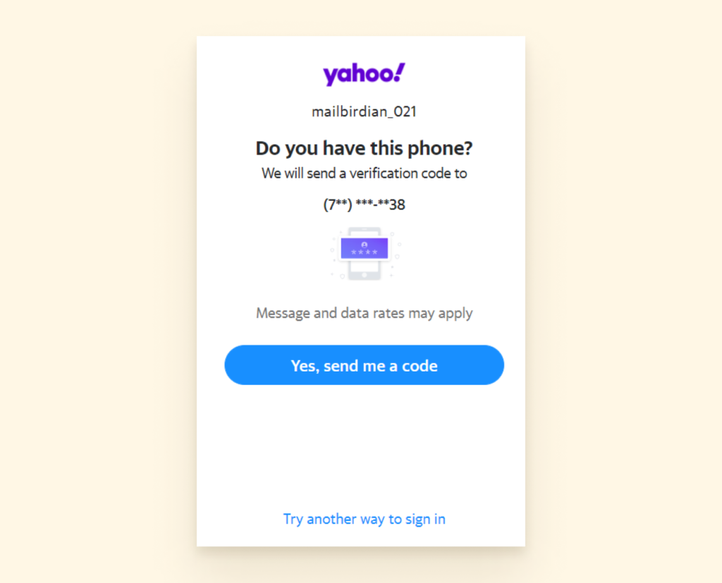 Example of Yahoo recovery phone number prompt